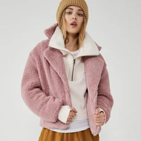 Free People Joplin Cozy Sherpa Faux Fur Teddy Jacket in Smoked Pink, XS NWT - Picture 3 of 13